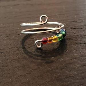 Silver Multi Beaded Spinner Ring Colorful Turn Anxiety Fidget Fashion Adjustable